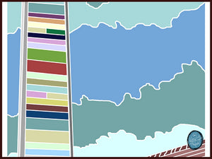 A cartoonishly towering, candy colored mall sign scrapes the stormy sky in this humorous print by Richard Kaponas.