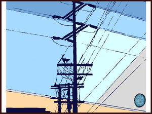 A curious cat on the telephone lines silhouetted against a twilight city skyline in this moody, evocative digital painting by Richard Kaponas