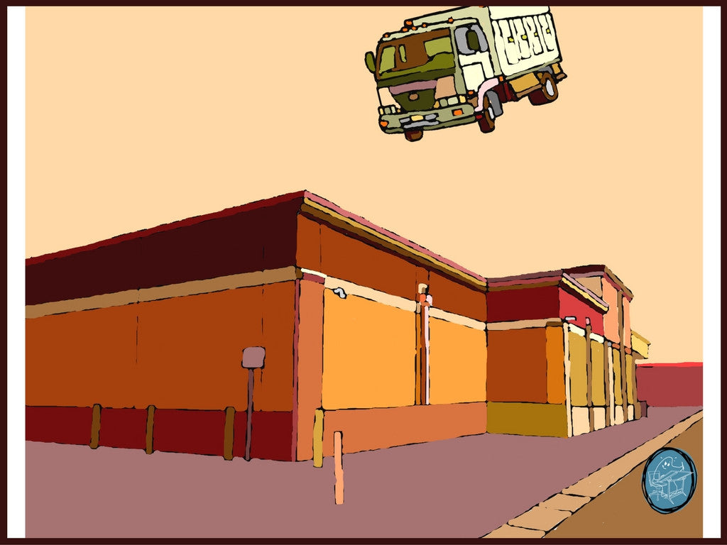 From a series of funny and surreal prints by Richard Kaponas showing everyday objects behaving badly. In this, a truck hangs in the sky, bathed in mellow gold.