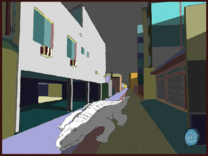 It's early morning in the alleyway, and an unusual creature has something he'd like to tell you in this spooky, funny, jewel-toned artwork by Richard Kaponas.