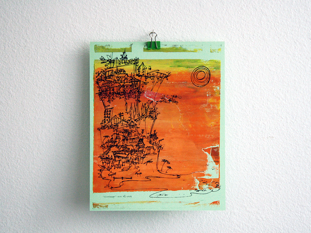 Cliffhanger monoprint in bright orange by Kathryn DiLego - Haunted House of Projects - 1