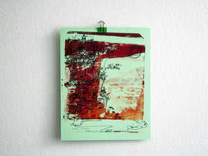 Cliffhanger monoprint in blood red sky colors by Kathryn DiLego - Haunted House of Projects - 1