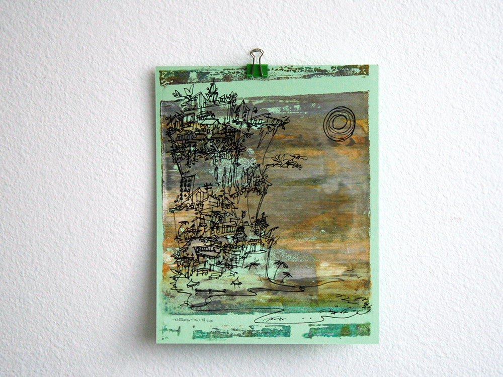 Cliffhanger monoprint in moody neutrals by Kathryn DiLego - Haunted House of Projects - 2