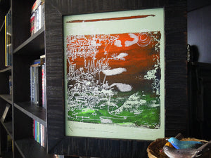 Cliffhanger monoprint in neon orange and green by Kathryn DiLego - Haunted House of Projects - 1