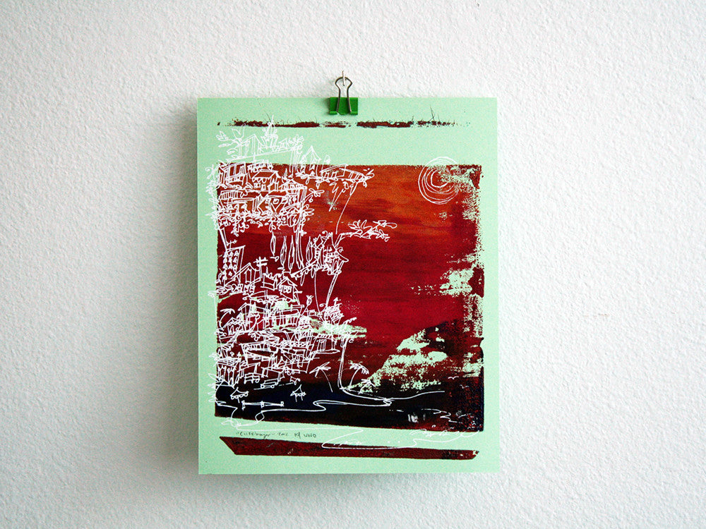 Cliffhanger monoprint in red and purple by Kathryn DiLego - Haunted House of Projects - 1