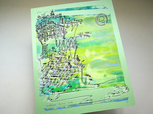Cliffhanger monoprint in green and yellow by Kathryn DiLego - Haunted House of Projects - 1