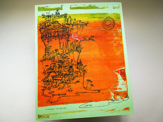 Cliffhanger monoprint in bright orange by Kathryn DiLego - Haunted House of Projects - 2