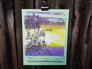 Cliffhanger monoprint in yellow and purple by Kathryn DiLego - Haunted House of Projects - 1